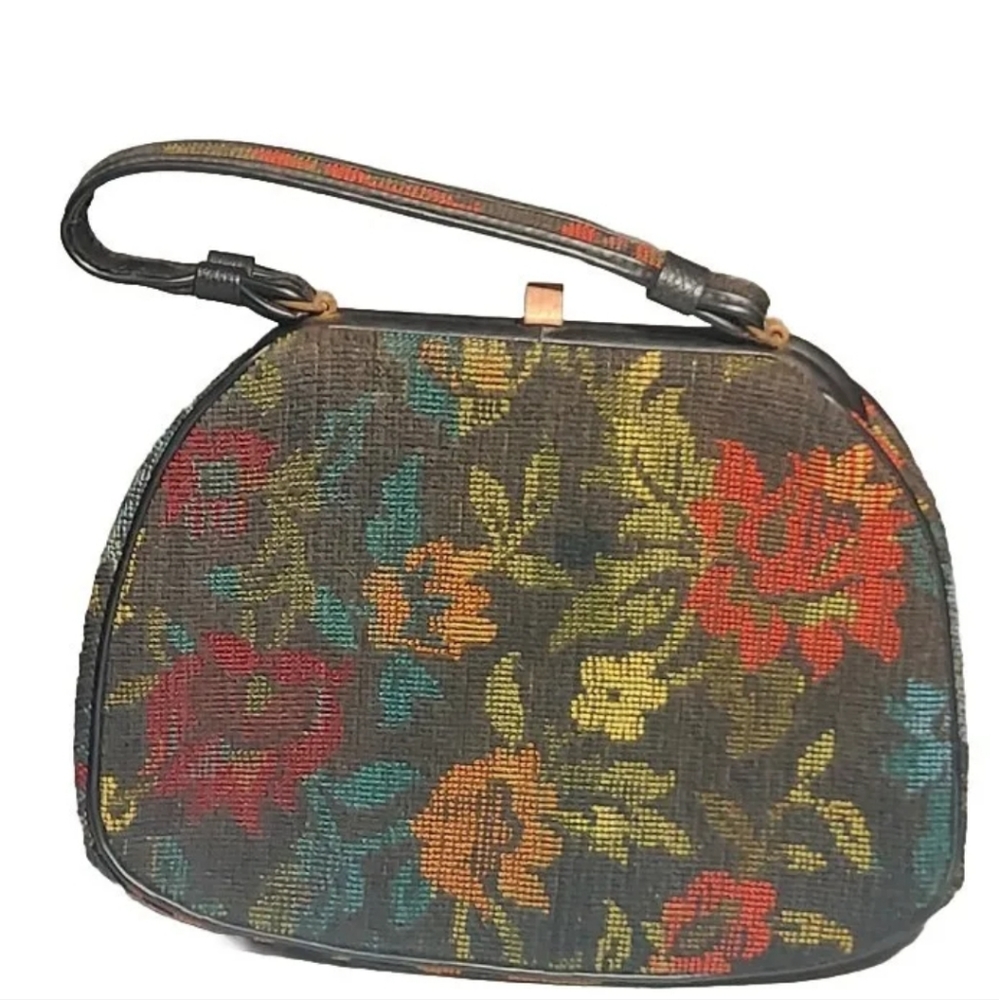 Vintage Kadin Floral Tapestry Purse Handbag Leathr Handle Latch Lock Made In USA